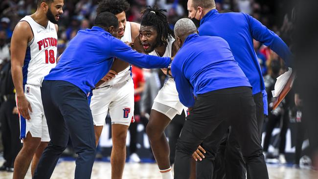 Isaiah Stewart needed an army to stop him from getting at James. Photo by Nic Antaya/Getty Images.