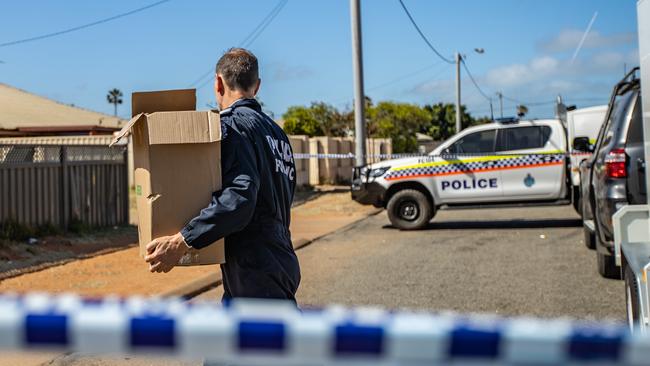 Forensics taking evidence from Kelly’s home on Saturday morning. Picture: Kelsey Reid/The West Australian