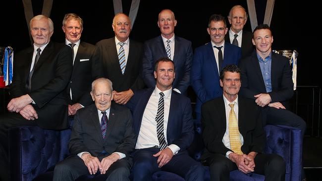 Keith Greig (back row, from left), Wayne Schimmelbusch, Malcolm Blight, Ross Glendinning, Anthony Stevens, Bob Goode (representing the late Les Foote) and Brent Harvey. Front row: Allen Aylett, Wayne Carey and David Dench. Picture: Ian Currie