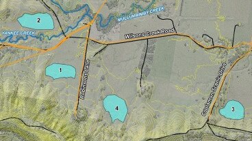 A map of the proposed âoff-streamâ storage locations near Mullumbimby and consequently provides an idea of where the water treatment plant would need to be situated, 2024. Picture: Supplied