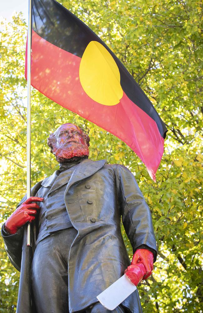 William Crowther statue was temporarily transformed into 1st Nations Tasmanian King Billy at Franklin Square, Hobart, by Tasmanian Aboriginal Artist Allan Mansell in March 2021. Picture: Chris Kidd