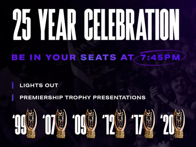 Storm celebrated six premiership wins in their 25-year celebrations, including 2007 and 2009 which they were stripped for cheating.