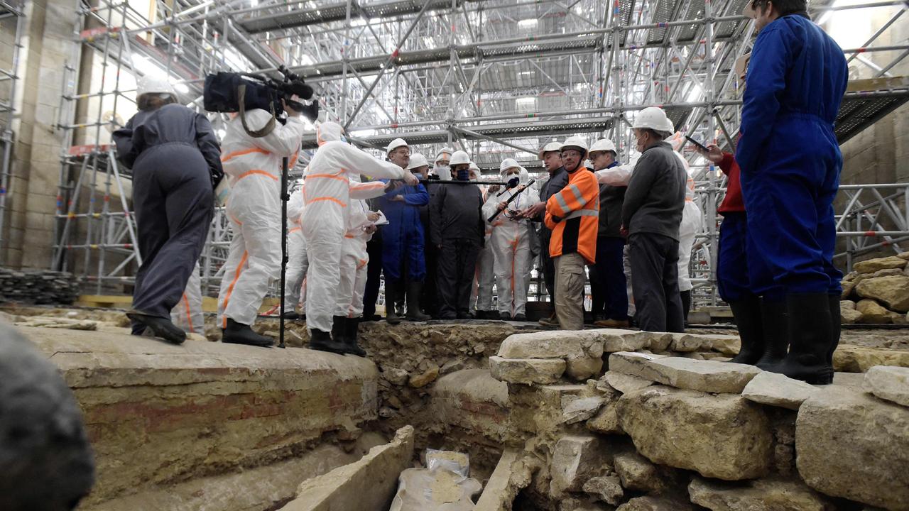 France's Culture Minister Roselyne Bachelot (C, left) visits the Notre-Dame cathedral archaeological research site. Picture: AFP