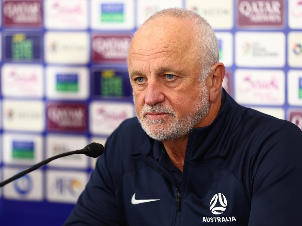 GOLD COAST, AUSTRALIA – SEPTEMBER 05: Australian Head Coach Graham Arnold speaks to the media after the round three 2026 FIFA World Cup AFC Asian Qualifier match between Australia Socceroos and Bahrain at Robina Stadium on September 05, 2024 in Gold Coast, Australia. (Photo by Chris Hyde/Getty Images)