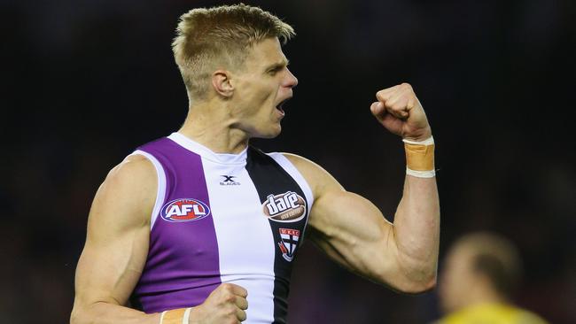 Nick Riewoldt celebrates a goal against Richmond.