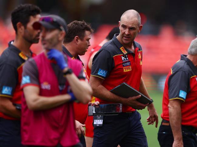 Suns interim coach Steven King (centre) has called for ‘passion’ from his players. Picture: Chris Hyde/Getty Images via AFL Photos