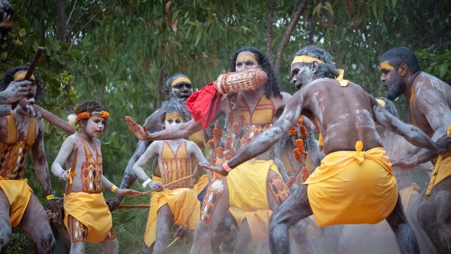 GARMA opening ceremony this evening. Gumatj clan dancers perform bunggul (ceremonial dance) for the PM Anthony Albanese, before presenting him with a Bathi. Picture: Melanie Faith Dove.