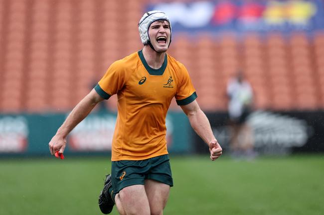 Nick Conway of Australia celebrates the win by the Australia Under-18s against New Zealand Schools at FMG Stadium Waikato last year.