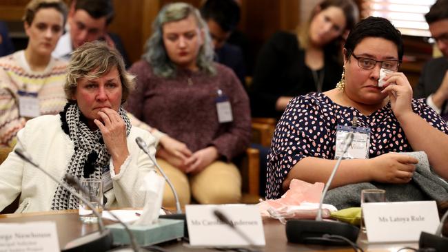 Caroline Andersen and Latoya Rule, the family of Wayne Morrison, address the South Australian parliamentary select committee on the administration of SA’s prisons. Picture: Kelly Barnes