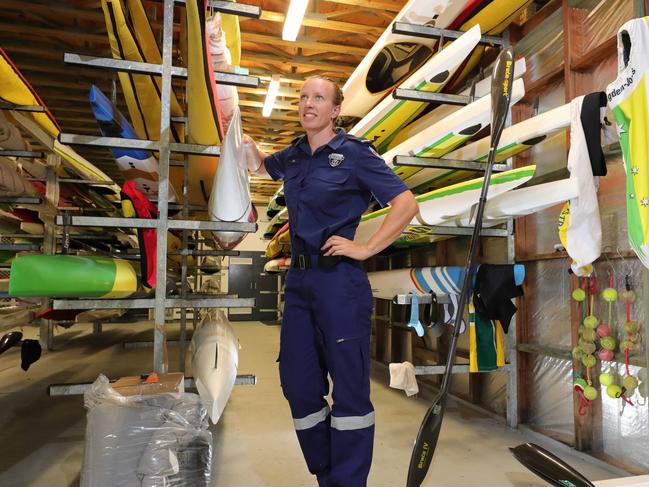 Olympic kayaker and frontline paramedic Jo Brigden- Jones at the AIS kayaking HQ on the Gold Coast, juggling her time between her two passions. Picture Glenn Hampson