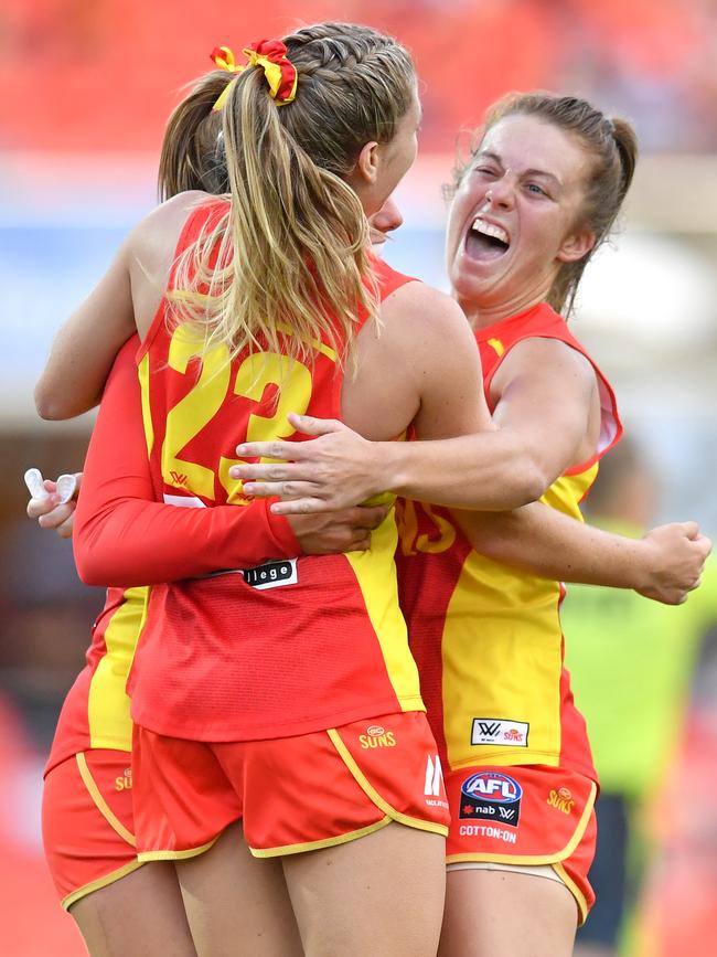 Kalinda Howarth of the Suns celebrates kicking a goal with Jamie Stanton (right) during the Round 3 AFLW match between the Gold Coast Suns and Brisbane Lions at Metricon Stadium on the Gold Coast, Saturday, February 22, 2020 (AAP Image/Darren England)