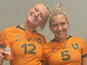 Sisters Maddison (left) and Teagan Levi after winning the 2022 Rugby World Cup Sevens in South Africa. Picture: Supplied.