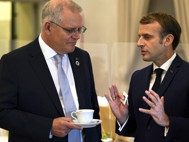 The relationship between Scott Morrison and French President Emmanuel Macron deteriorated after the tearing up of a submarine contract. Picture: Adam Taylor