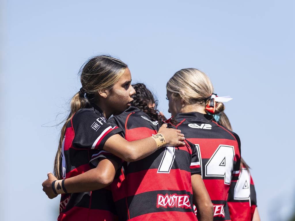 Valleys players celebrate a try against Brothers in U15 girls Toowoomba Junior Rugby League grand final at Toowoomba Sports Ground, Saturday, September 7, 2024. Picture: Kevin Farmer