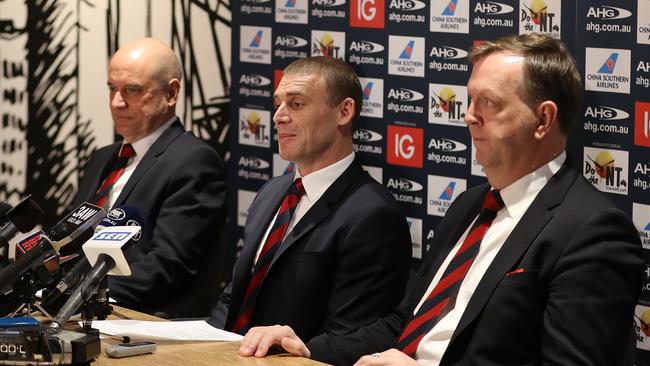 Demons Chief Executive Peter Jackson, Demons coach Simon Goodwin and Chairman Glen Bartlett