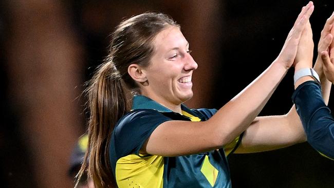 BRISBANE, AUSTRALIA - OCTOBER 05: Darcie Brown of Australia celebrates taking the wicket of Chinelle Henry of the West Indies during game three of the T20 international series between Australia and the West Indies at Allan Border Field on October 05, 2023 in Brisbane, Australia. (Photo by Bradley Kanaris/Getty Images)