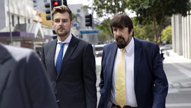 The son and husband of murdered woman Maureen Boyce, Zachary (left) and Graham Boyce leave Brisbane Supreme court after Thomas Lang was found guilty of her murder. They did not speak to reporters outside the building. Picture: NCA NewsWire / Sarah Marshall