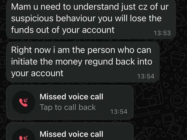 Screenshots showing incessant calls and text messages from the scammer. Picture: Supplied