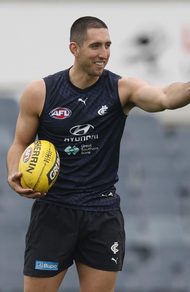 MELBOURNE, AUSTRALIA. May 2, 2024. AFL … Carlton training at Ikon Park. Jacob Weitering of the Blues during todays very light session. Pic: Michael Klein