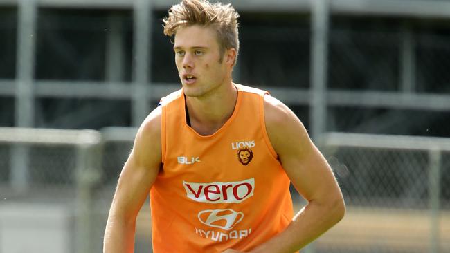 Josh Schache in action during a Brisbane training session. Picture: Mark Calleja