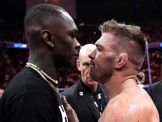 Israel Adesanya (L) and Dricus du Plessis (R) could be on a collision course for a middleweight title epic. Picture: Jeff Bottari/Zuffa LLC via Getty Images