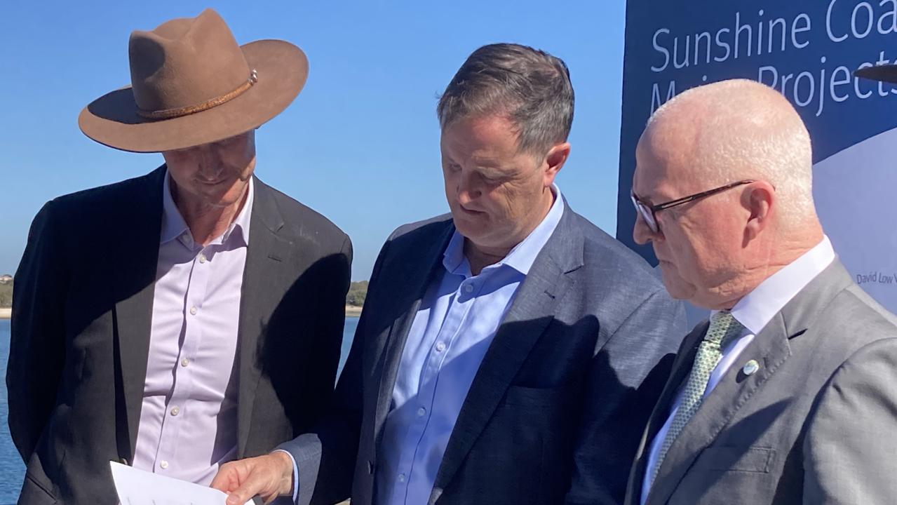 Transport Minister Mark Bailey, Caloundra MP Jason Hunt and Sunshine Coast Mayor Mark Jamieson at Bulcock Beach to announce community consultation on four major Sunshine Coast projects including the Mooloolah River Interchange. Photo: Elizabeth Neil