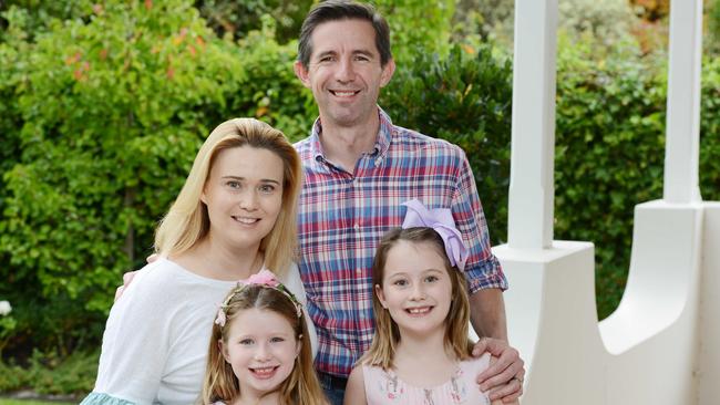 Senator Simon Birmingham with his wife Courtney and children Amelia, 6, and Matilda, 8. Picture: AAP / Brenton Edwards