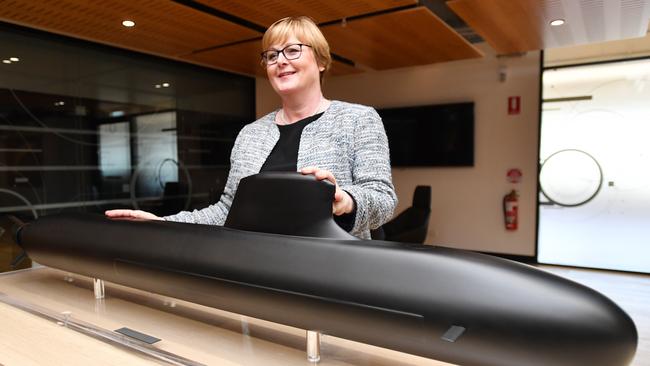 Federal Defence Minister Linda Reynolds with a model of the French submarines. Picture: AAP