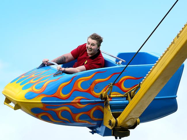 Corey Blanch, 19, of Risdon Vale, on the Hurricane ride at the Hobart Show. Picture: SAM ROSEWARNE