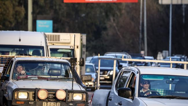 Trucks queue at the border with other vehicles. Picture: Getty Images