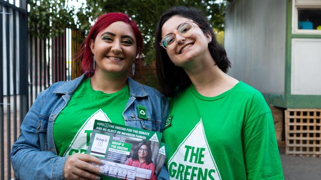 Greens supporters Angela Girdhag and Rachelle Elhage at Punchbowl Public School. Picture: Jordan Shields