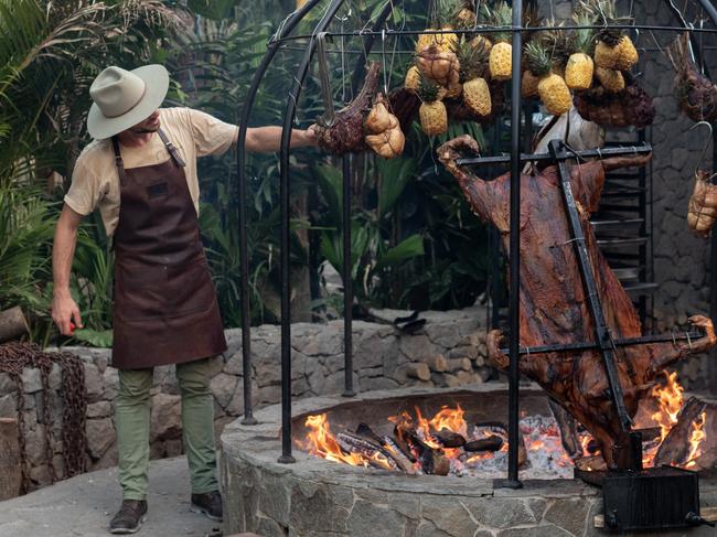 ** Please DO NOT USE. ON HOLD  (Sept 2024) ** :  Charles-Etienne Pretet, also known as Charly Pretet, 38, of Noosaville-based Terra Firma Dining, cooks using open fire cooking inspired by the traditional Argentinian method of Asado at the Shelter Pererenan restaurant in Pererenan, Bali on March 20, 2024. Mr Pretet helped open the restaurant's new dedicated open fire cooking space. Picture: Valeria Ramirez ** Please DO NOT USE. ON HOLD (Sept 2024) **