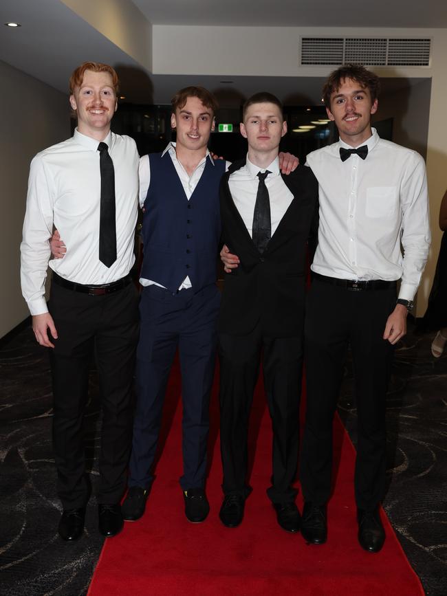 MELBOURNE, AUSTRALIA – JUNE 14 2024 Oakley Howe, Jacob Obernhumer, Charlie Wilson and Lockie Vaninetti attend the Lowanna College Senior Formal 2024 at the Moe Racing Club Picture: Brendan Beckett