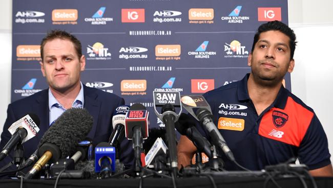 Melbourne’s football general manager Josh Mahoney and Dr Zeeshan Arain talk with the media today about Hogan’s diagnosis. Picture: Tony Gough