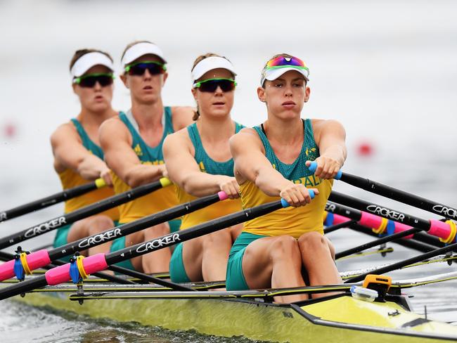 RIO DE JANEIRO, BRAZIL - AUGUST 08:  Jessica Hall of Australia, Kerry Hore of Australia, Jennifer Cleary of Australia and Madeleine Edmunds of Australia compete in the Women's Quadruple Sculls Repechage 1 on Day 3 of the Rio 2016 Olympic Games at the Lagoa Stadium on August 8, 2016 in Rio de Janeiro, Brazil.  (Photo by Matthias Hangst/Getty Images)