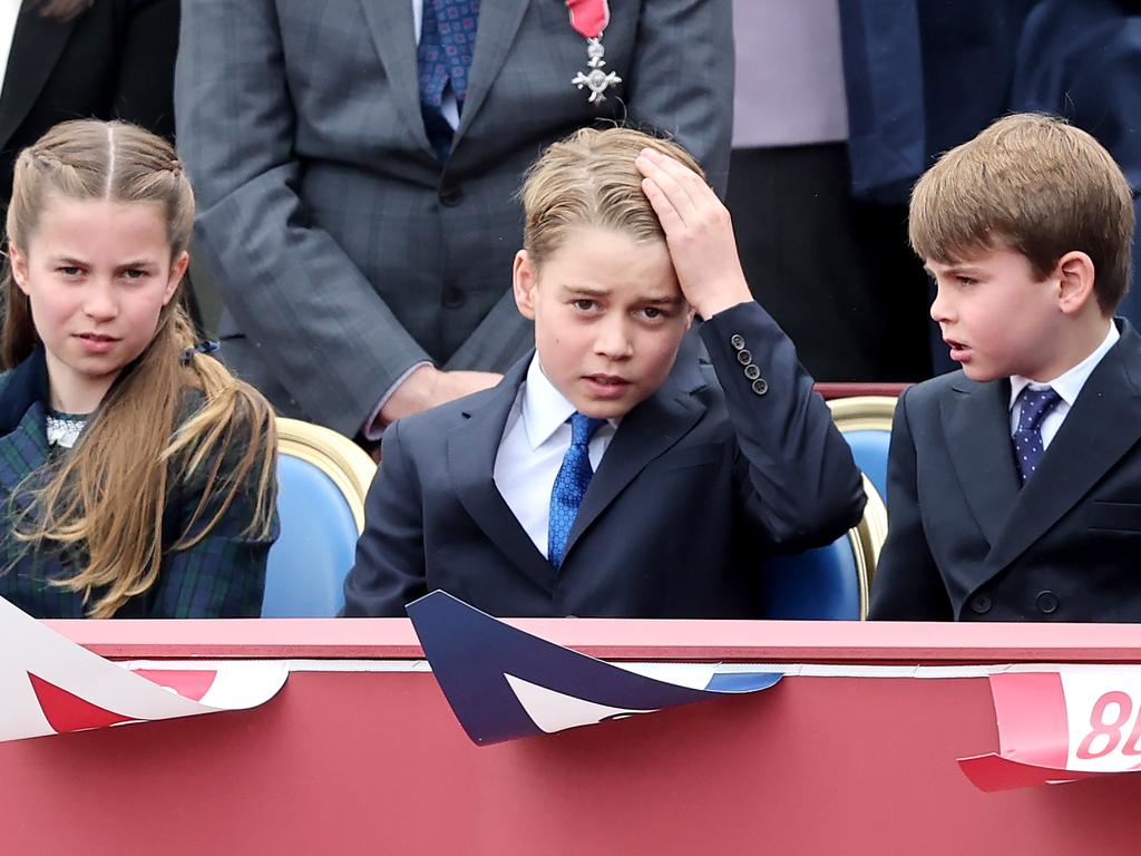 LONDON, ENGLAND - MAY 06: Princess Charlotte, Prince George of Wales and Prince Louis of Wales during the military procession to mark the 80th anniversary of VE Day on May 05, 2025 in London, England. The King and Queen, joined by Members of the Royal Family, will take part in events from May 5th to May 8th to commemorate the 80th anniversary of VE Day, which signalled the end of the Second World War in Europe. (Photo by Chris Jackson/Getty Images)