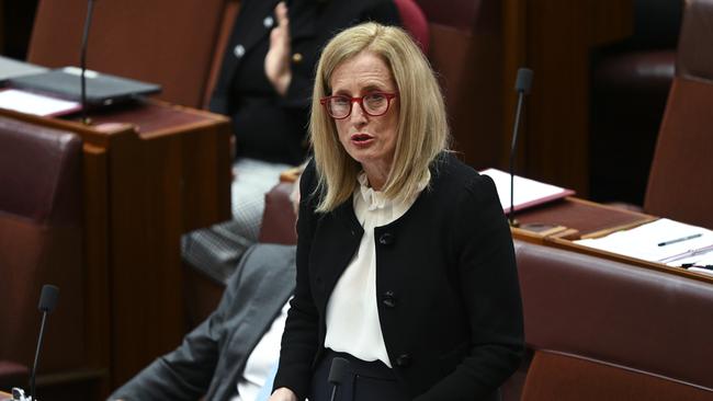 Senator Katy Gallagher makes a statement in the Senate Chamber at Parliament House. Picture: