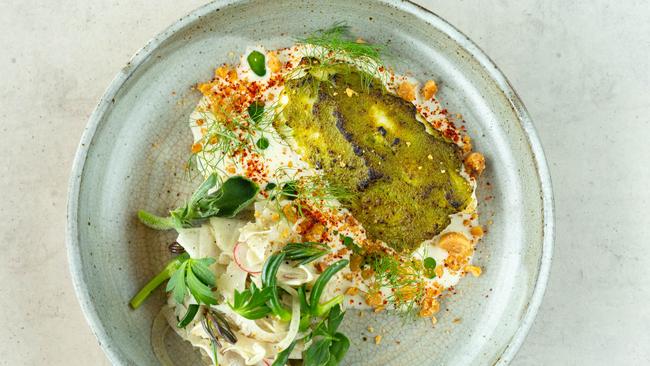 Coal roasted fish, macadamia and green harissa from Bespoke, at Adelaide Oval hotel