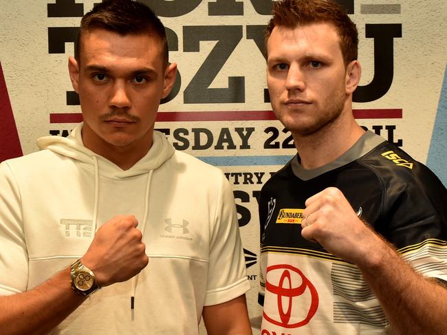 Boxers Tim Tszyu and Jeff Horn will finally face each other at Queensland Country Bank Stadium in August. Picture: Evan Morgan