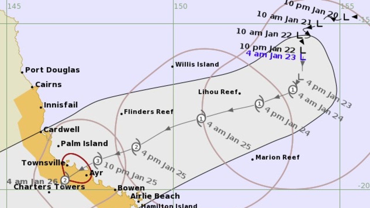 Tracking maps for the tropical low, which is intensifying into Tropical Cyclone Kirrily and likely to cross the Queensland coast over the coming days. Picture: Supplied / BOM