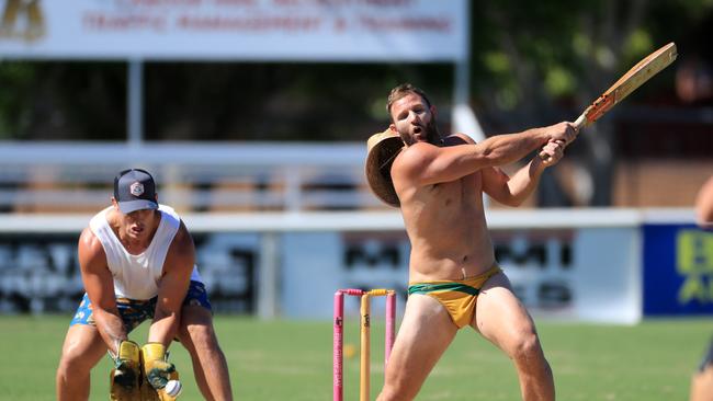 26th January 2021 - Burleigh Bears player Blake Leary swings and misses a ball as wicket keeper Jarrad Wallace catches the ball at Pizzy park as the Bears took on the Gold Coast Titans in an Australian Day cricket clash. Photo: Scott Powick NEWSCORP