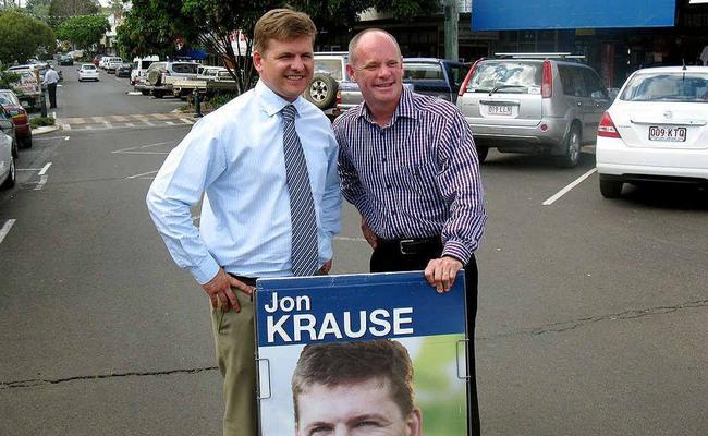 Liberal National Party leader Campbell Newman with Boonah LNP candidate Jon Krause in the main street of Boonah yesterday. . Picture: Geoff Egan