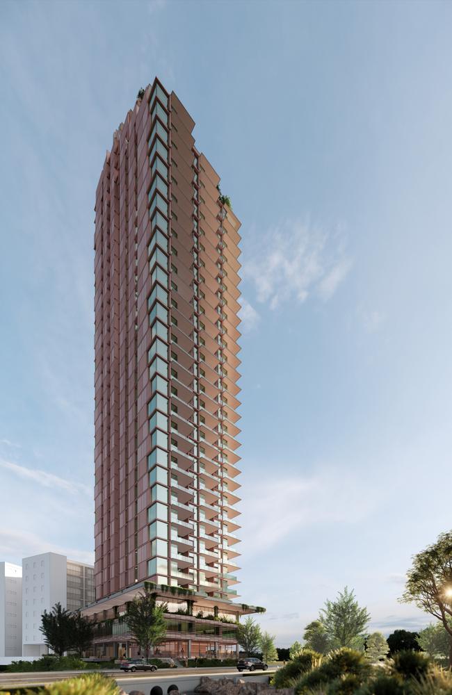 The 34-storey tower is a stone’s throw from Robin Thomas Reserve.