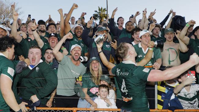 Randwick supporters celebrate their team's 2023 Shute Shield grand final win at Leichhardt Oval. Picture: Karen Watson