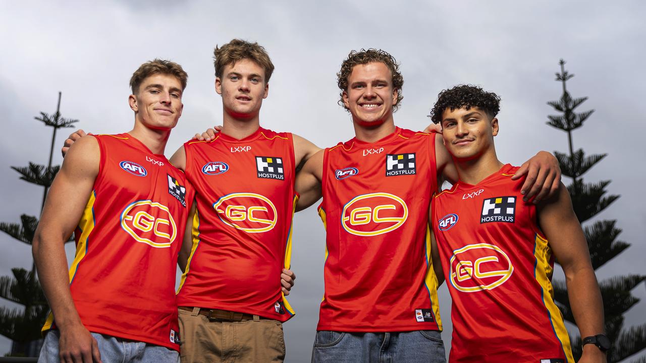 Gold Coast’s Academy prospects from the 2023 draft Will Graham, Ethan Read, Jed Walter and Jake Rogers. Picture: Daniel Pockett/Getty Images.