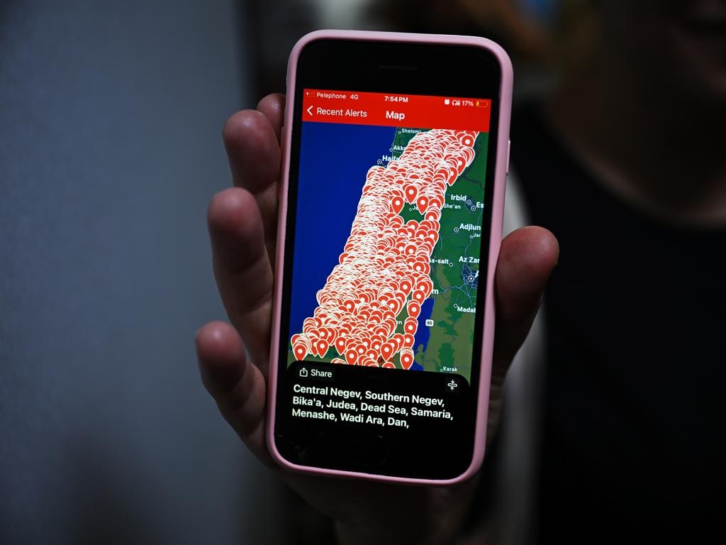 Israelis were ordered to seek shelter immediately. A chilling photo shows the incoming rocket alert app. Picture: Getty