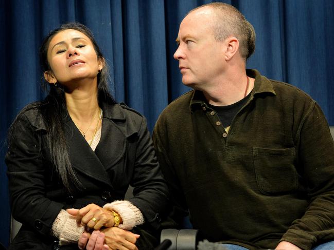 Bung’s mother Vanidda and stepfather Fred Pattison fronting the media. Picture: Nicole Garmston