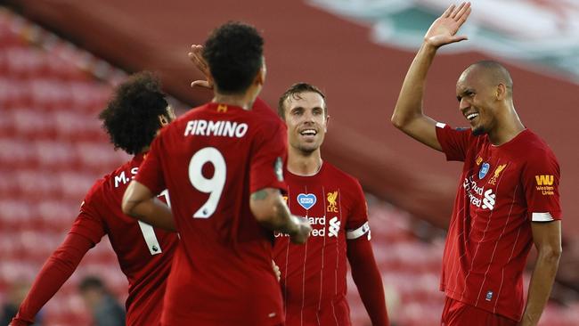 Fabinho celebrates getting on the scoresheet.