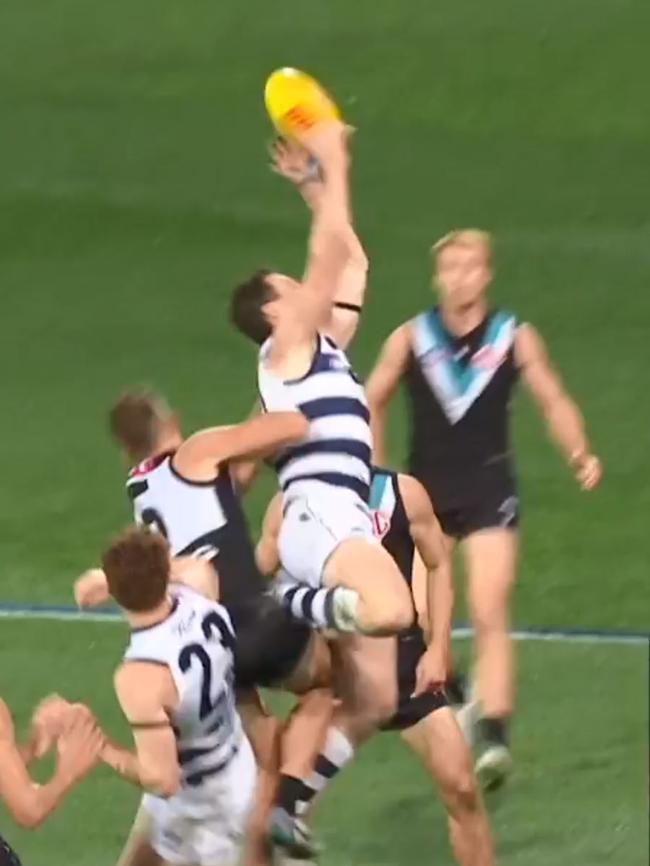 Geelong forward Patrick Dangerfield gets an elbow to the ribs from Port Adelaide’s Dan Houston during a marking contest at Adelaide Oval. Picture: Fox Sports