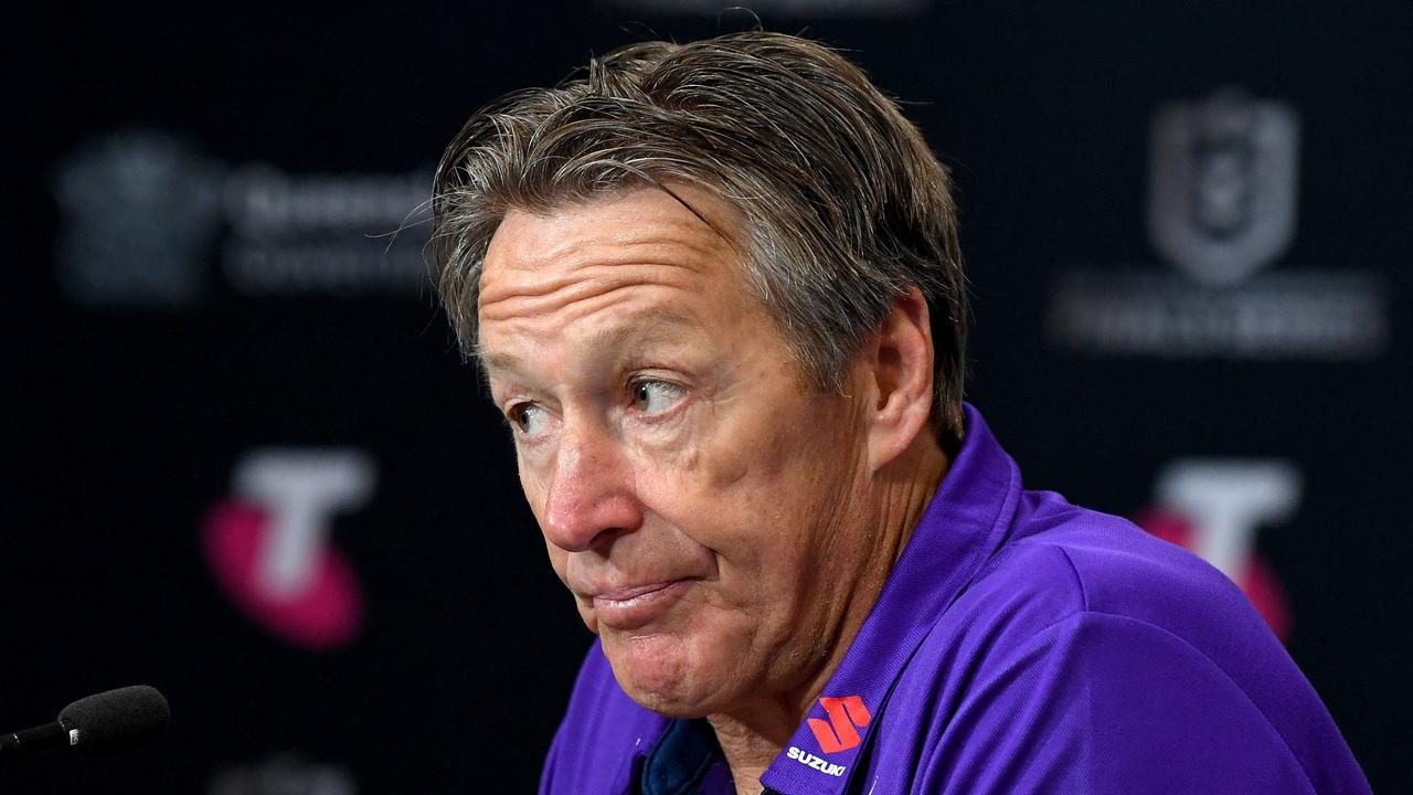 BRISBANE, AUSTRALIA - SEPTEMBER 25: Coach Craig Bellamy of the Storm speaks during a press conference after the NRL Grand Final Qualifier match between the Melbourne Storm and the Penrith Panthers at Suncorp Stadium on September 25, 2021 in Brisbane, Australia. (Photo by Bradley Kanaris/Getty Images)